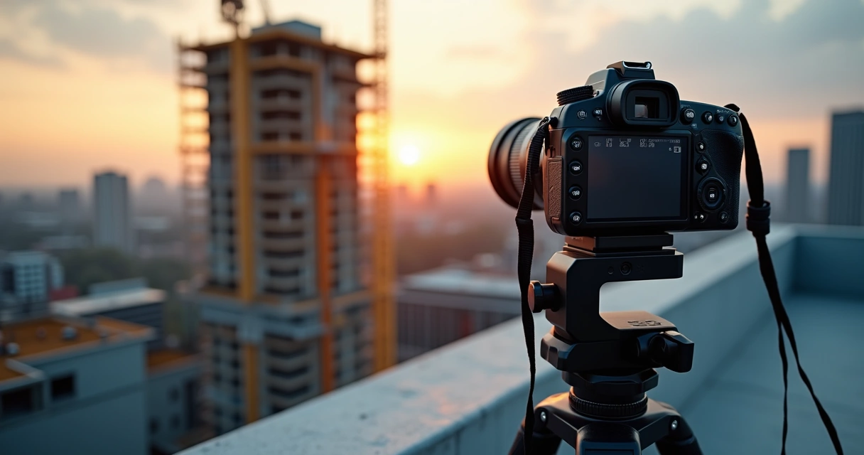 Fotógrafo ajusta câmera em tripé para timelapse de obra com cidade ao fundo 