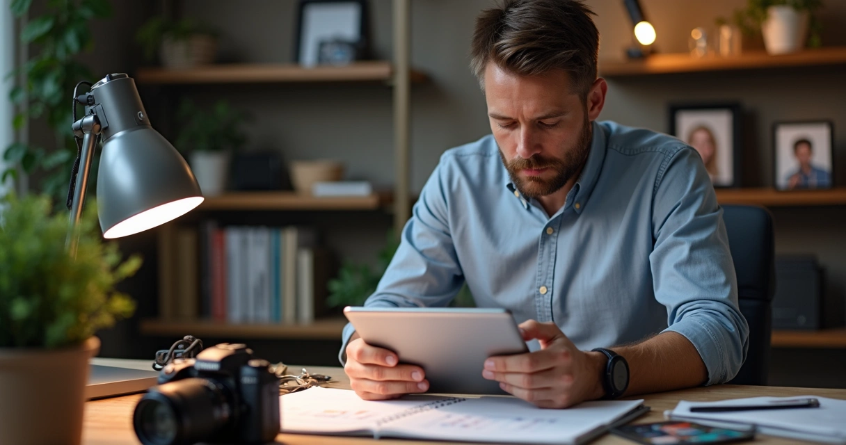 Fotógrafo sentado em mesa, usando tablet para gerenciar pagamentos 
