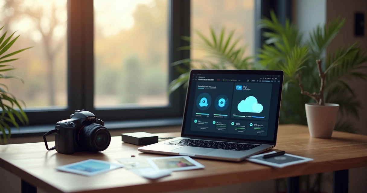 Profissional de fotografia trabalhando em um notebook, com imagens sendo transferidas para a nuvem 