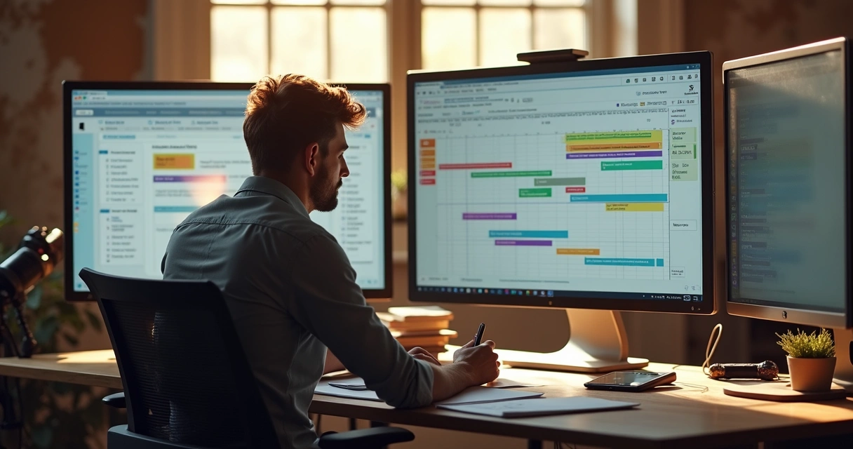 Fotógrafo em estúdio revisando cronograma de produção 