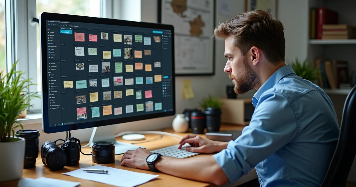 Fotógrafo organizando arquivos digitais com etiquetas coloridas na tela 
