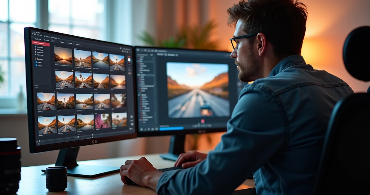 Fotógrafo aplicando presets em fotos no estúdio 
