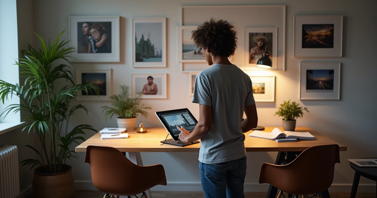 Fotógrafo em estúdio usando tablet para editar fotos