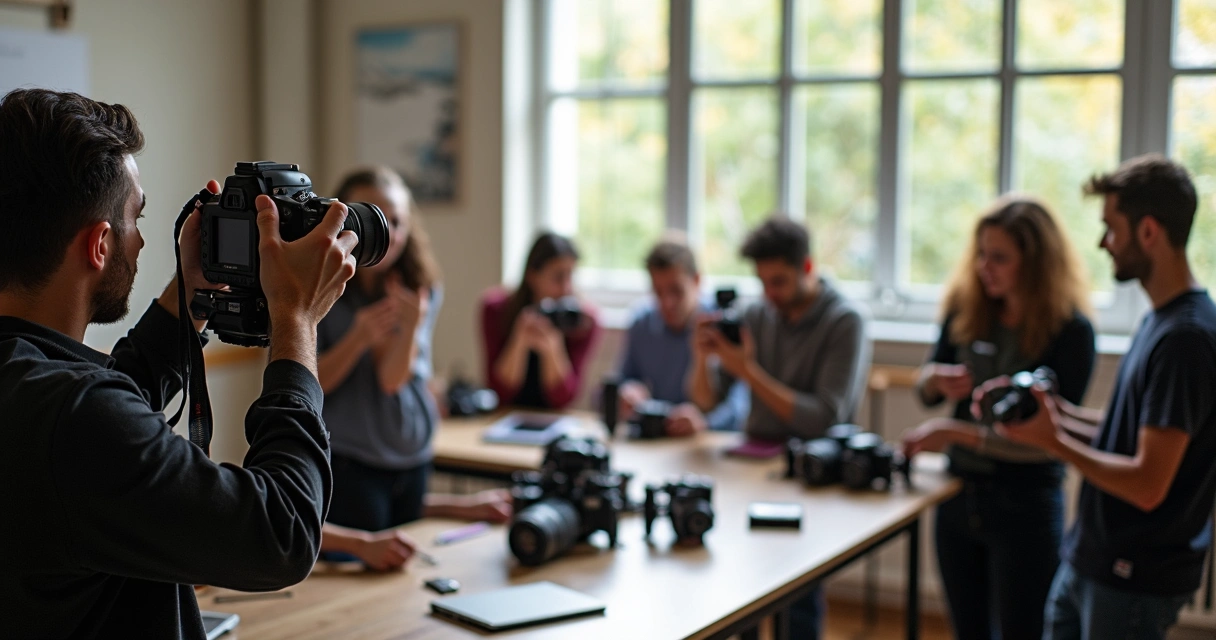 Fotógrafo fotografando participantes em workshop de fotografia