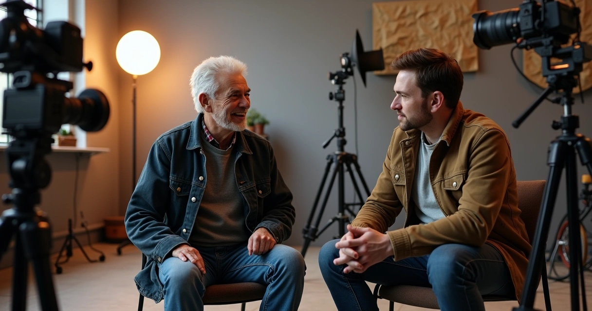 Dois fotógrafos conversando em um estúdio, trocando dicas ao lado de câmeras profissionais. 