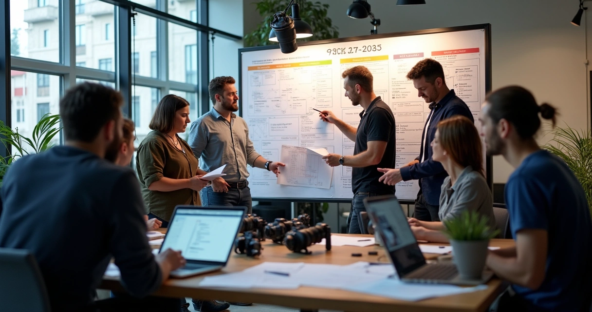 Fotógrafos e equipe organizando o shooting