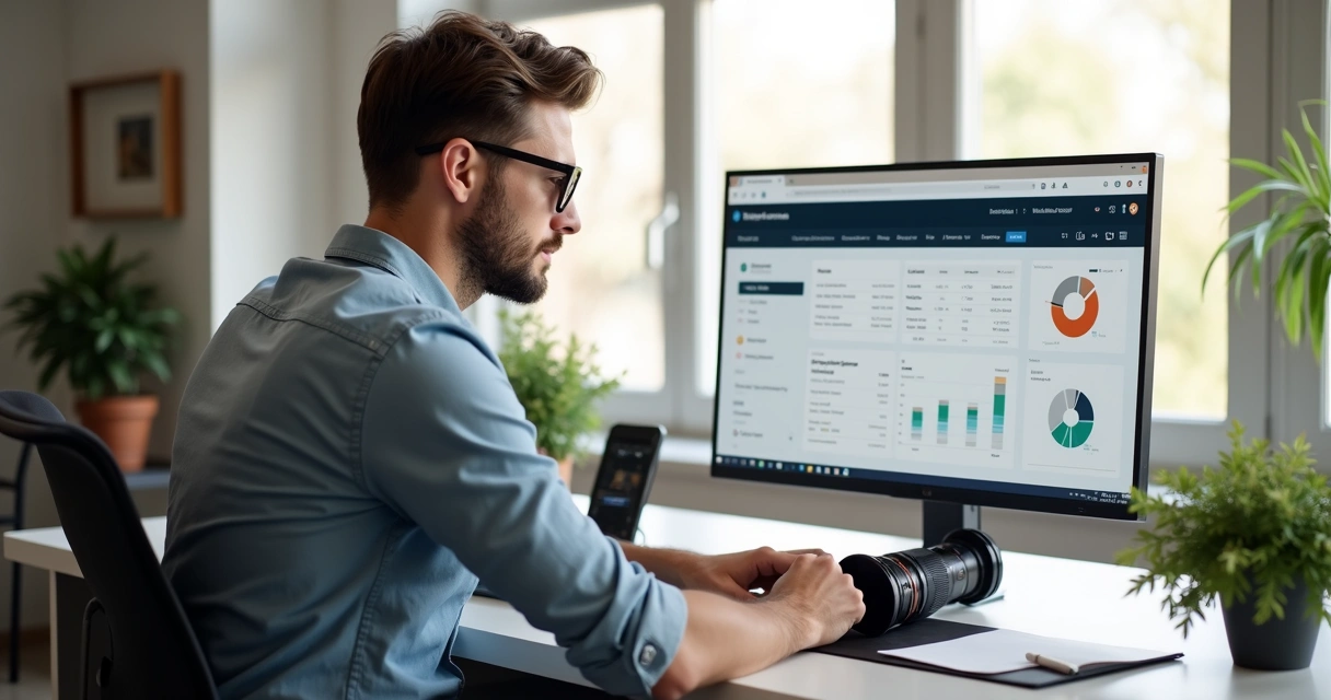 Fotógrafo trabalhando no computador com câmera e agenda aberta na mesa 