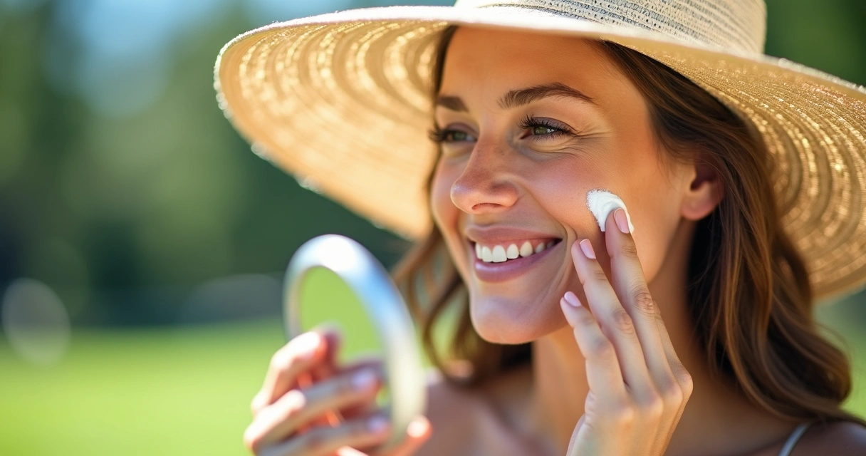 Mulher de pele clara usando chapéu e protetor solar no rosto 