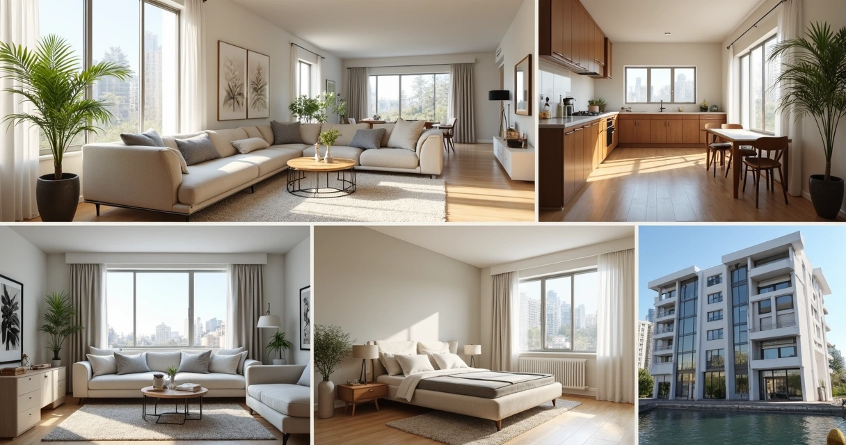 Montagem de fotos de imóveis bem iluminados e registrados para anúncio 