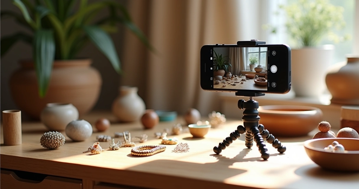 Mesa de madeira com artesanatos fotografados e celular posicionados 
