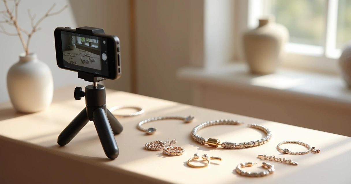 Bijuterias sendo fotografadas com luz natural para catálogo digital 