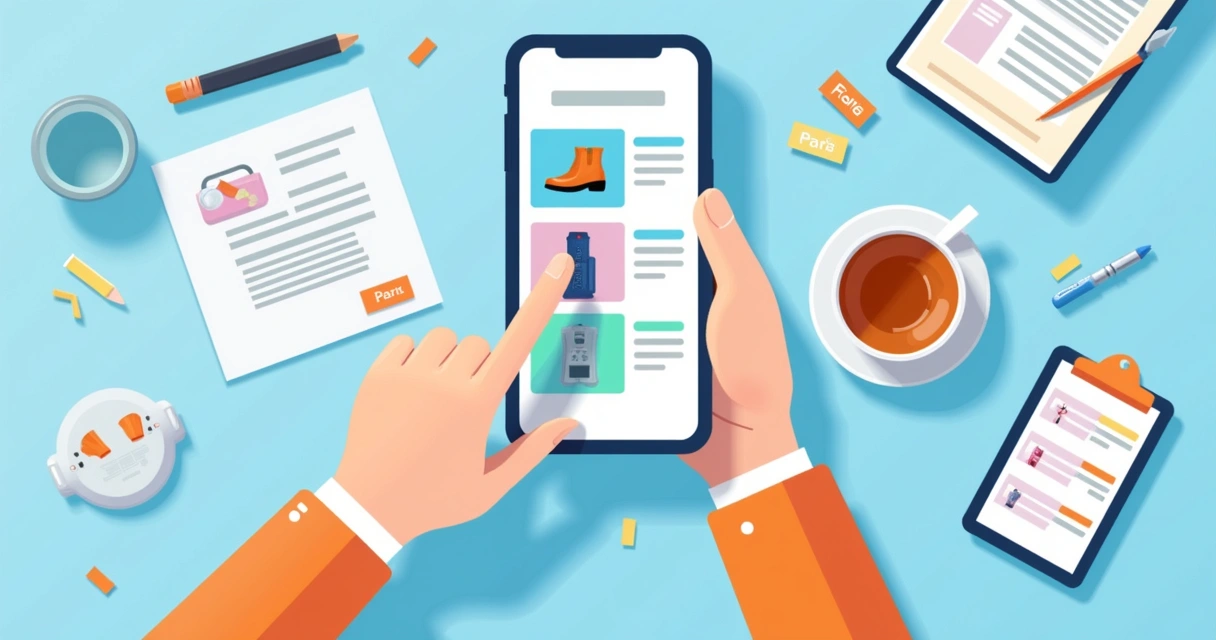 Celular com fotos de vários produtos em exibição em catálogo digital. 