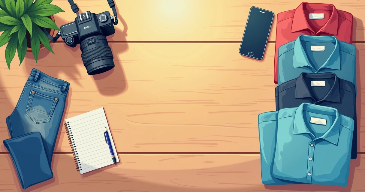 Mesa com roupas dobradas, câmera digital e luz suave para fotos 