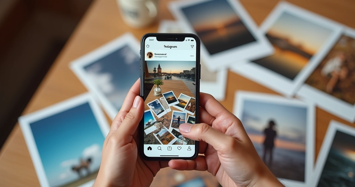 Fotos em cores harmônicas organizadas no formato de feed quadrado do Instagram 