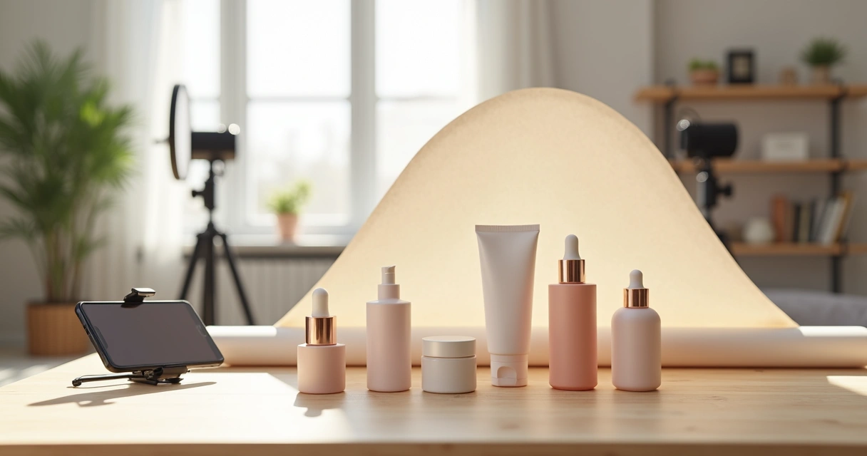 Cena com cosméticos organizados para sessão de fotos profissional em casa 