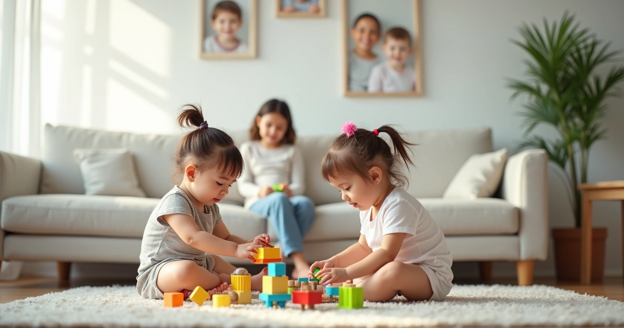 Duas crianças brincando em ambiente doméstico, supervisionadas por adulto. 