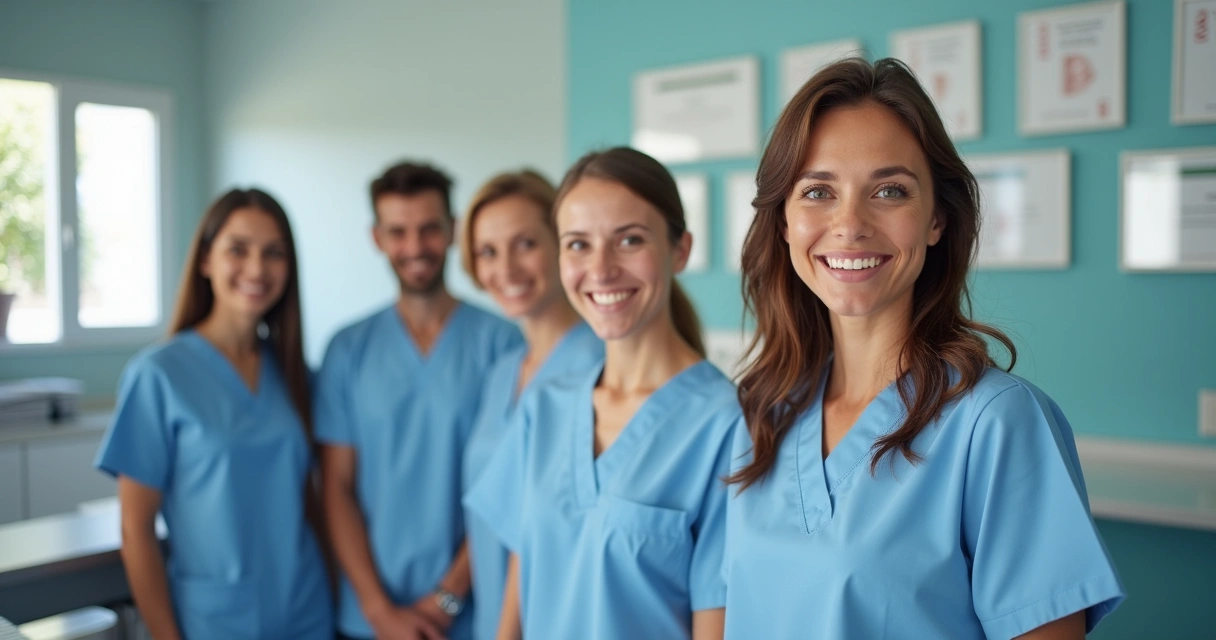 Equipe odontológica sorridente em clínica moderna, fotos profissionais no ambiente 