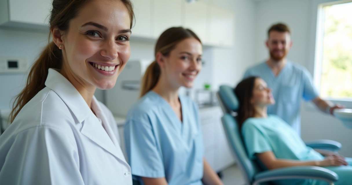 Equipe odontológica sorrindo no consultório