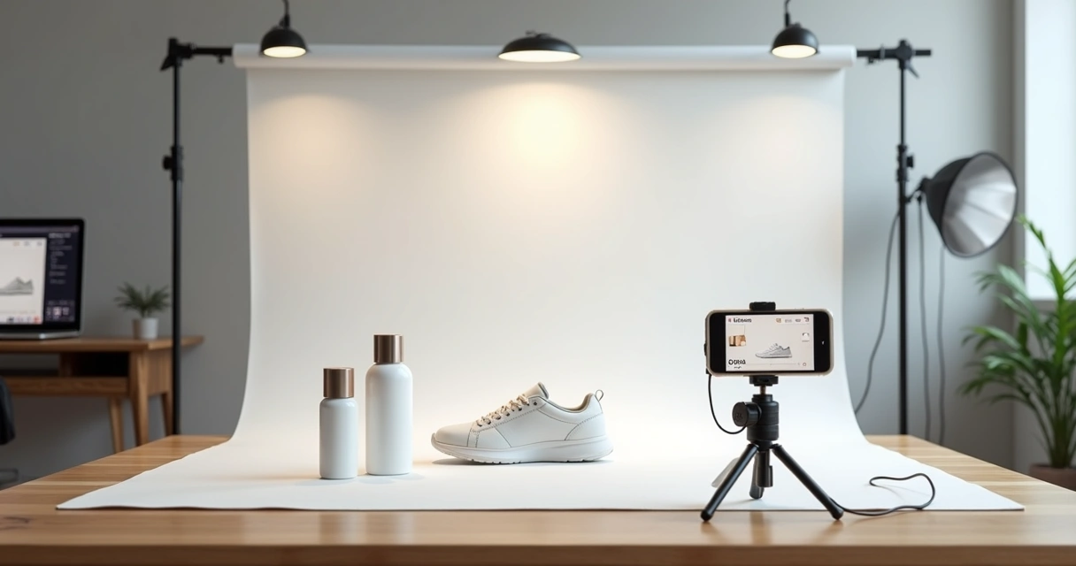 Mesa com produtos sendo fotografados com celular sobre fundo branco para e-commerce 