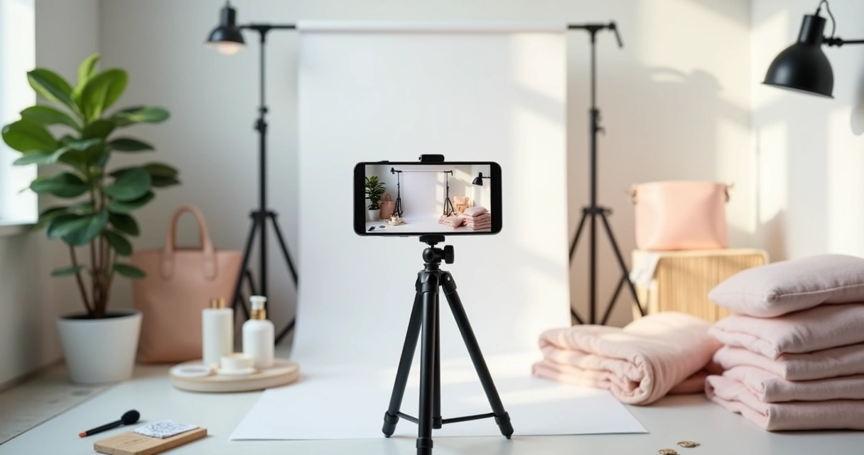 Celular fotografando produtos em fundo claro para catálogo digital 