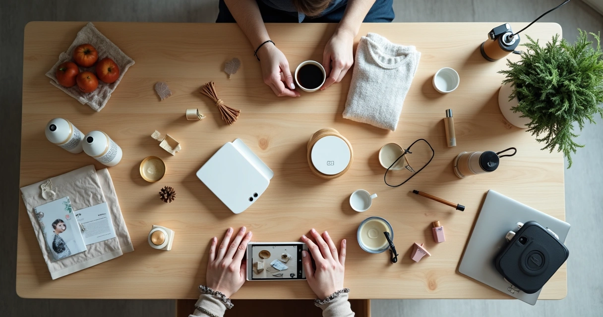 Produtos dispostos em uma mesa sendo fotografados com smartphone 