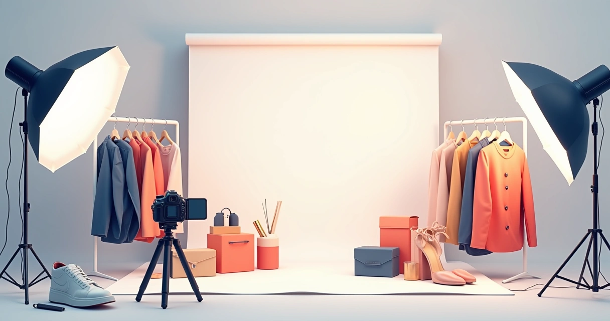 Produtos variados arrumados para fotos de catálogo digital, com fundo claro e iluminação profissional. 