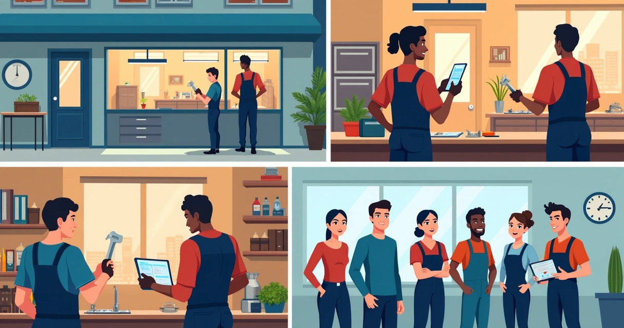 Montagem de fotos profissionais de uma equipe e ambiente de assistência técnica.