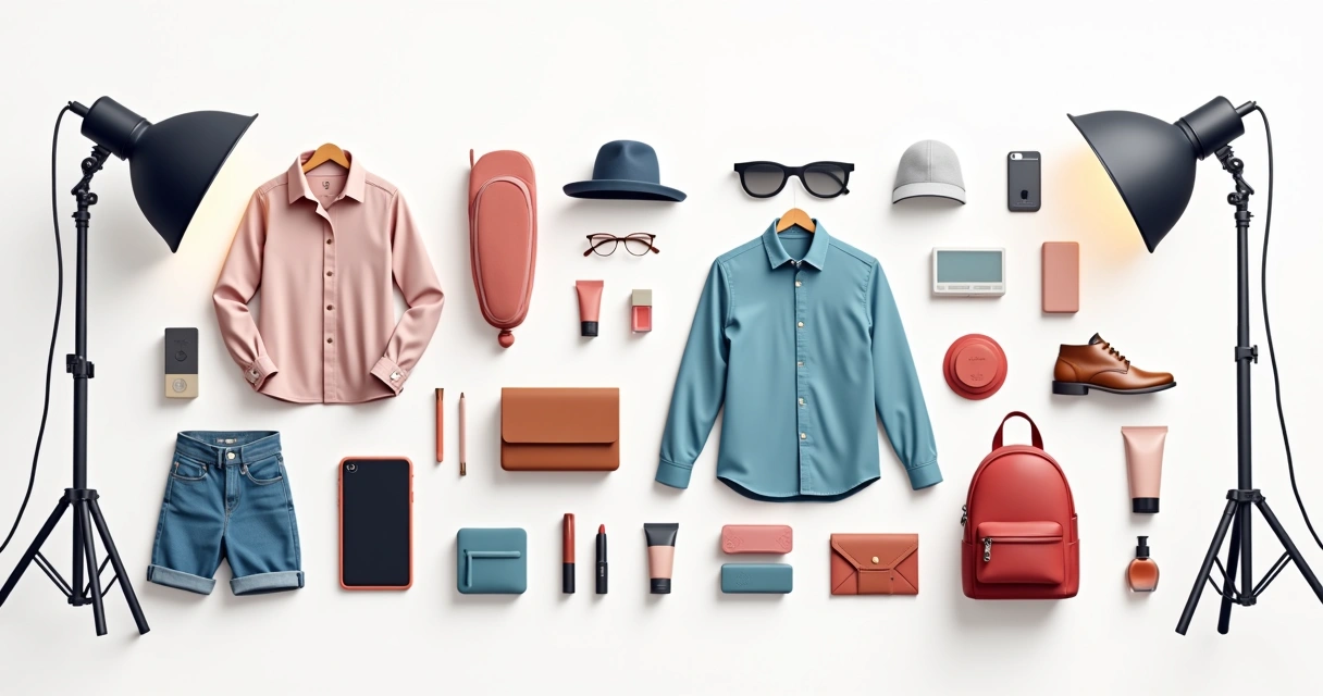 Produtos dispostos para foto com fundo branco e luz natural 