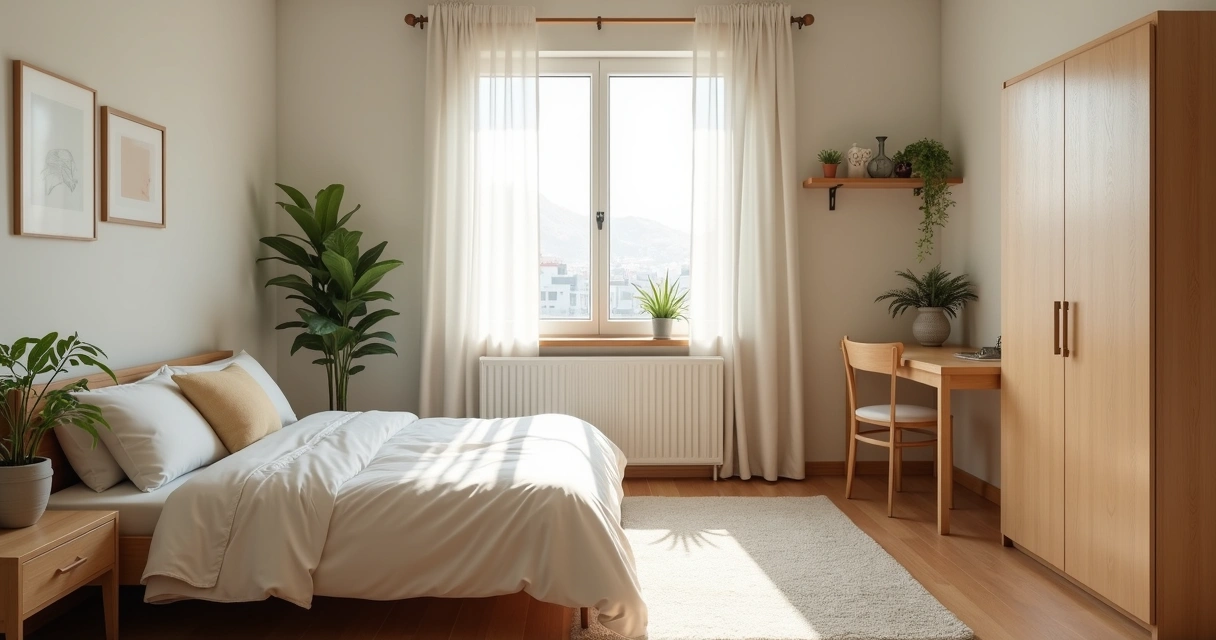 Quarto mobiliado com luz natural e objetos decorativos 