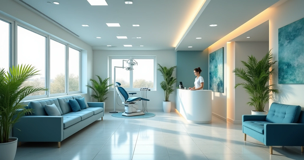 Recepção de consultório odontológico bem iluminado e moderno 