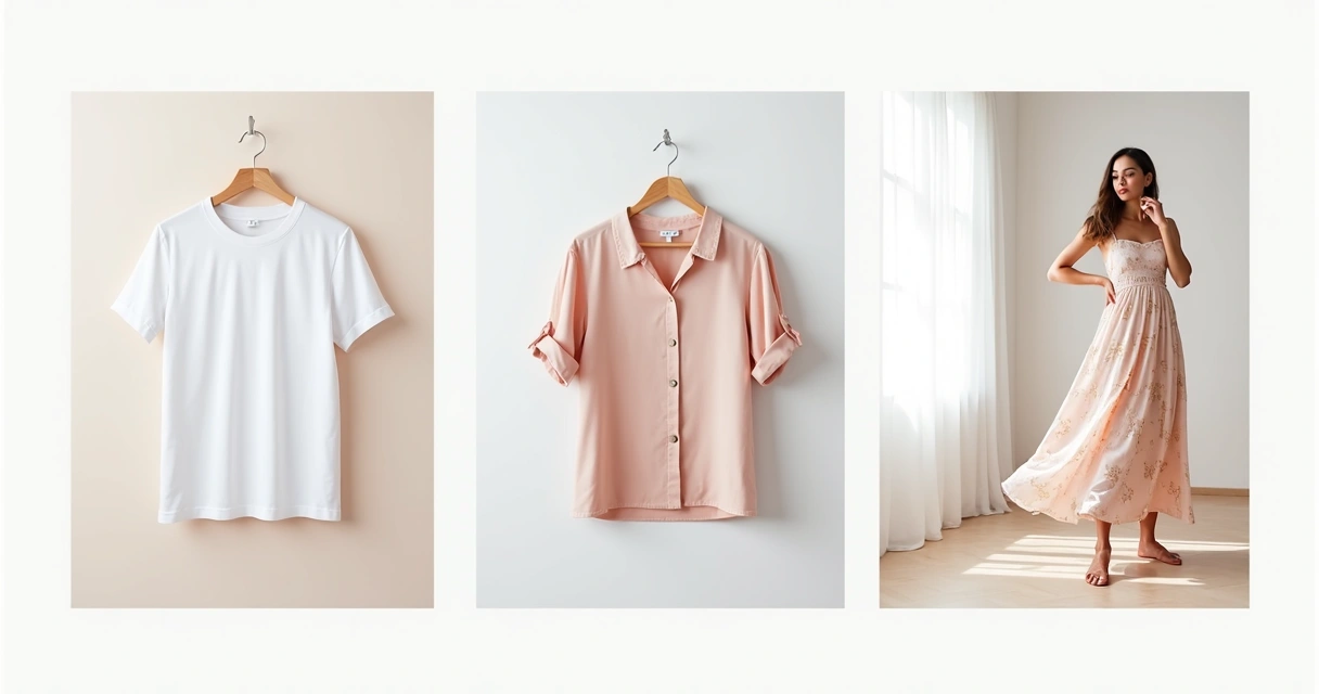 Montagem com fotos de roupas em fundo branco, cabide e em modelo 