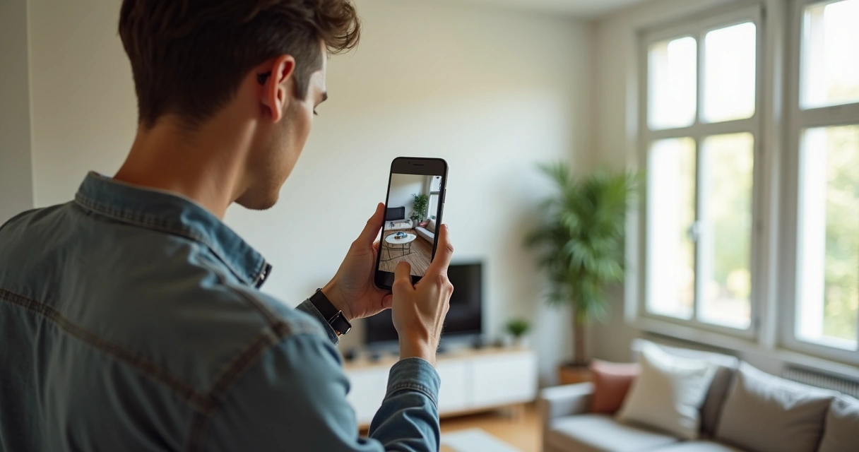 Corretor fotografando apartamento bem iluminado com celular 