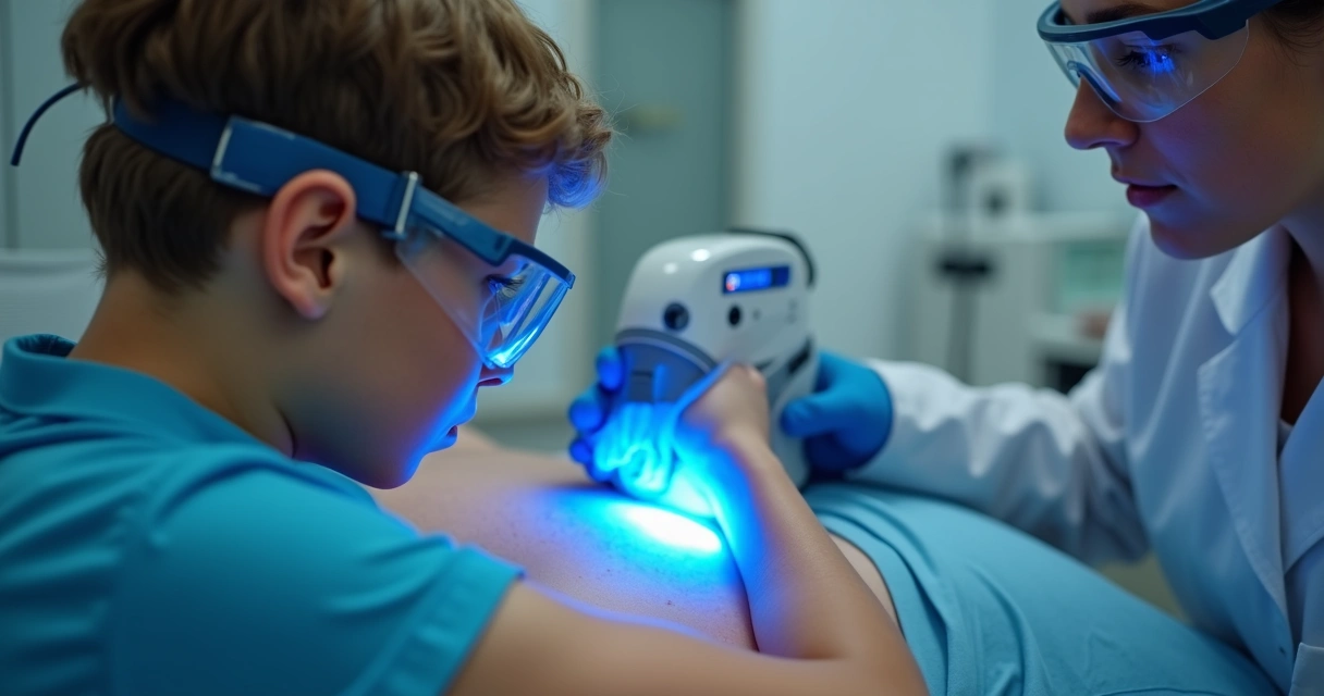 Adolescente recebendo luz excimer 308 nm em uma clínica. 