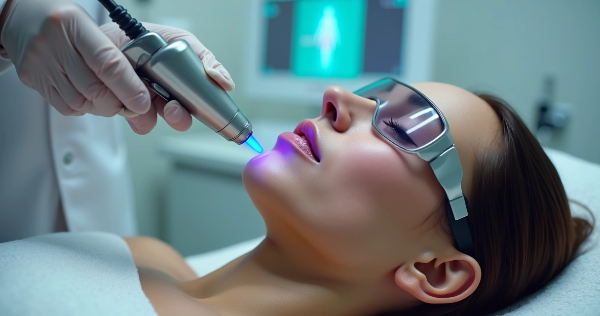 Aplicação de luz excimer 308 nm em pequena mancha de vitiligo no rosto 