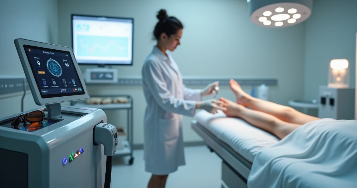 Dermatologista ajustando sensor de radiação em aparelho de fototerapia dermatológica 