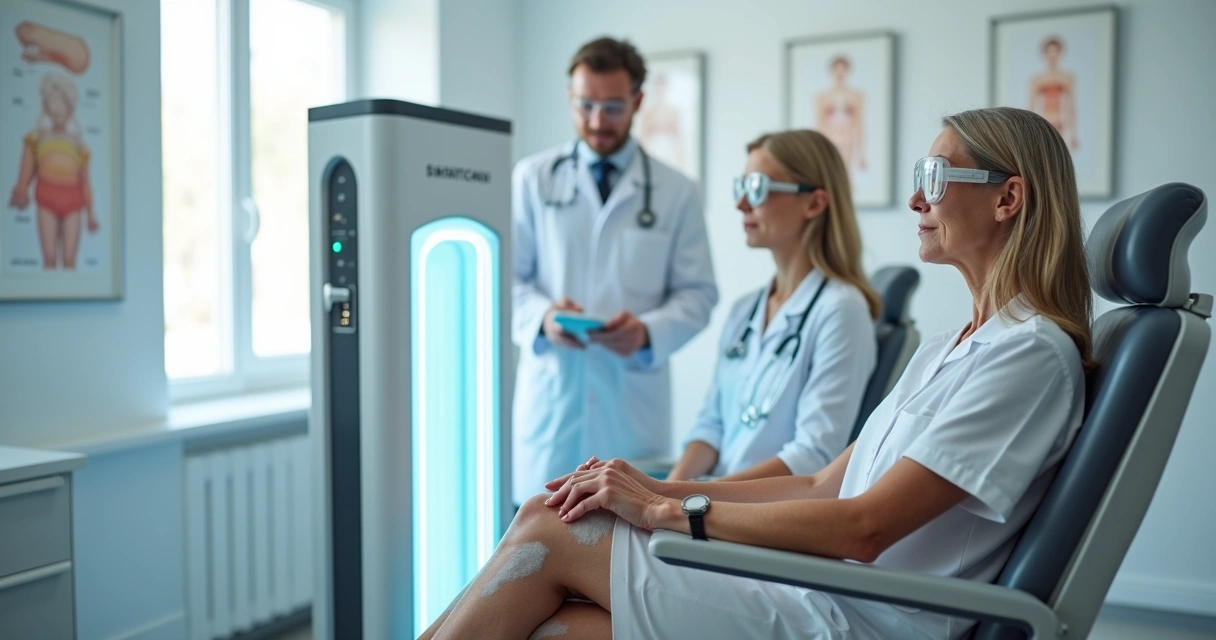 Paciente com vitiligo recebendo fototerapia UVB narrowband em consultório dermatológico moderno 