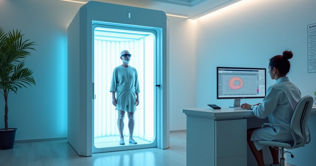 Paciente em cabine de fototerapia UVB sob supervisão dermatológica 