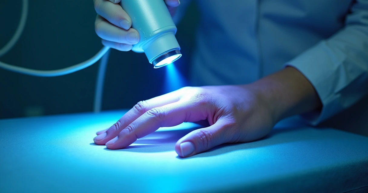 Sessão de fototerapia com luz excimer aplicada em lesão de pele com vitiligo 