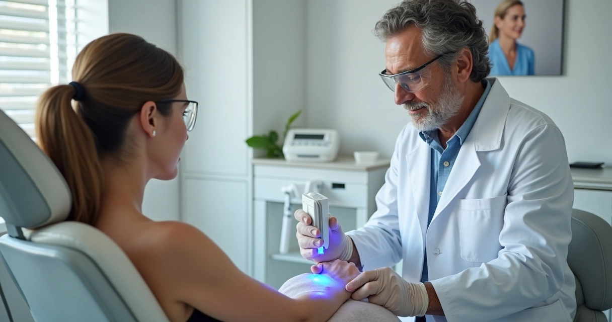 Dermatologista aplicando fototerapia em paciente com vitiligo no consultório 