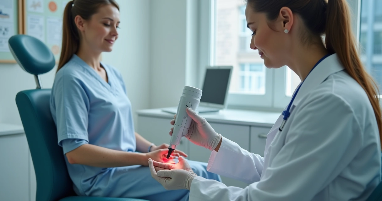 Pessoa recebendo fototerapia em consultório dermatológico 