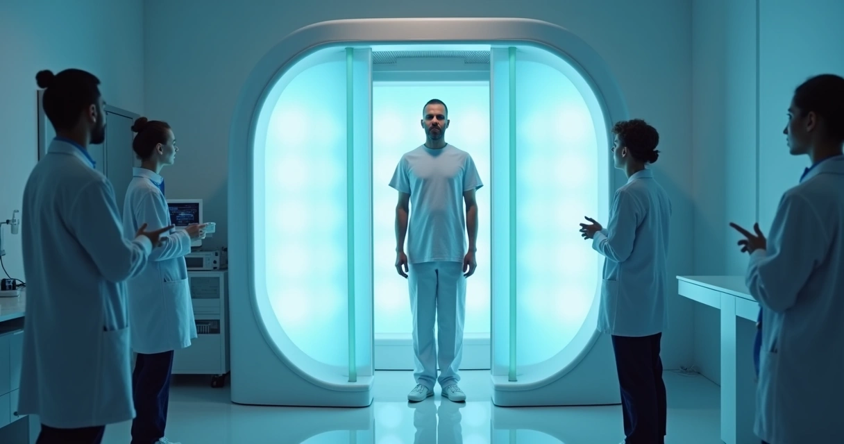 Paciente fazendo fototerapia narrowband UVB para vitiligo com equipamento moderno 