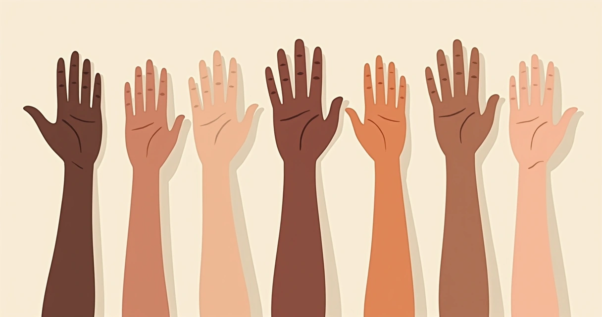 Várias mãos de diferentes fototipos de pele lado a lado em fundo claro 