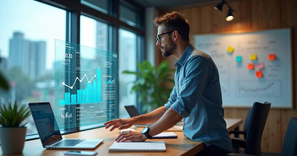 Empreendedor analisando dados de mercado em painel digital sobre mesa de trabalho 