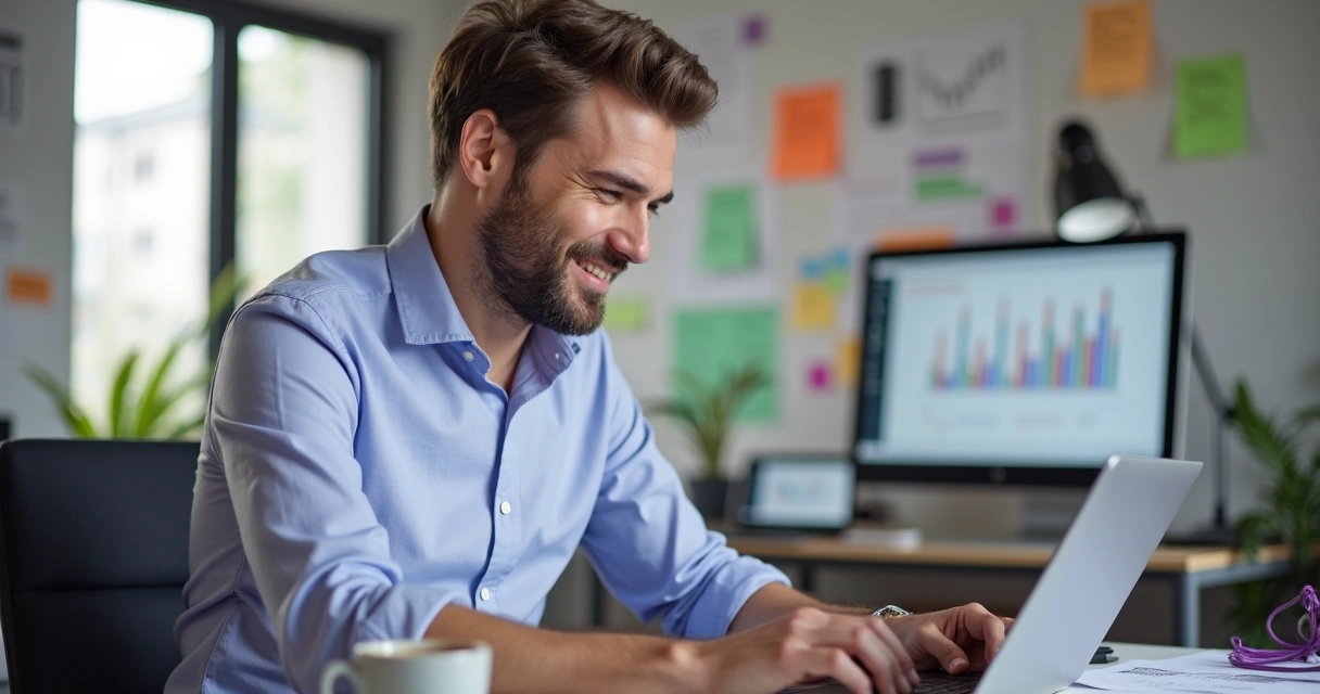 SaaS founder at desk smiling at user feedback on laptop screen, surrounded by sticky notes and graphs showing growth. 