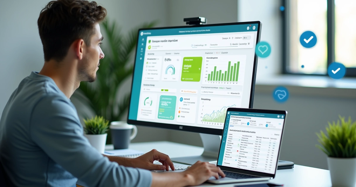 Founder analisando painel fiscal digital com gráficos e notas fiscais na tela 