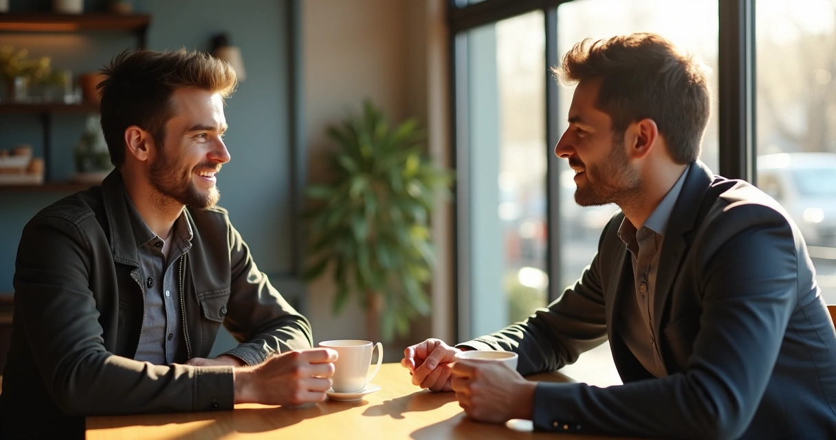 Founder interviewing customer at cafe table 
