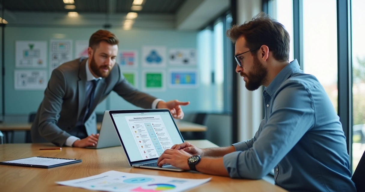 Fundador não técnico analisando decisão tecnológica com apoio de consultor em ambiente de escritório moderno 