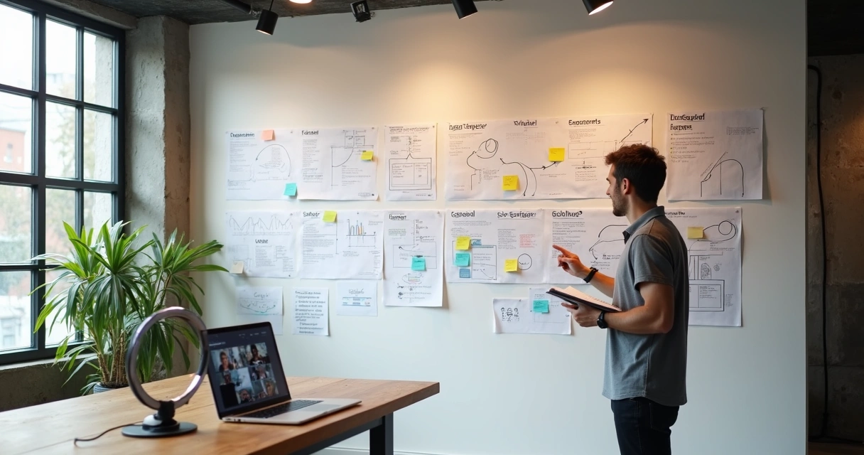 Startup founder pointing at growth roadmap on studio wall covered with notes and arrows 