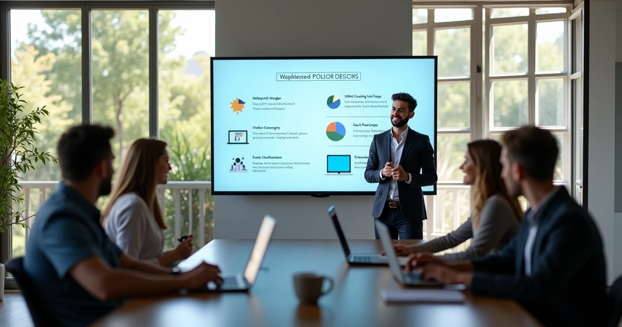 Startup founder presenting pitch deck to investors 
