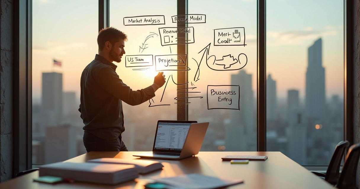 Startup founder sketching business plan on glass board overlooking US city skyline